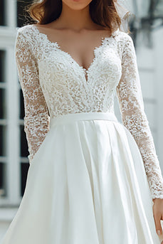 Elfenbein V Ausschnitt Bodenlang Langarm Brautkleid mit Spitze