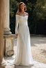 Laden Sie das Bild in den Galerie-Viewer, Damen Elfenbein Chiffon Kurze Schleppe Hochzeitskleid Carmen Ausschnitt Etui Plissiert Langarm Brautkleid