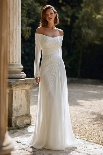 Damen Elfenbein Chiffon Kurze Schleppe Hochzeitskleid Carmen Ausschnitt Etui Plissiert Langarm Brautkleid