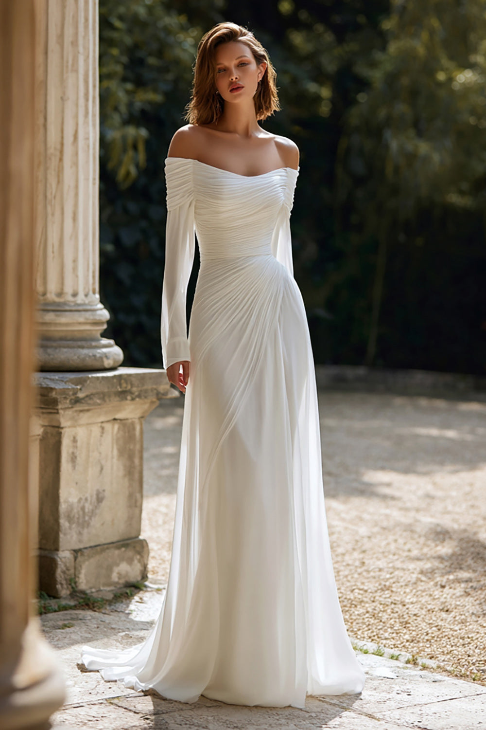Damen Elfenbein Chiffon Kurze Schleppe Hochzeitskleid Carmen Ausschnitt Etui Plissiert Langarm Brautkleid