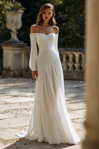 Elfenbein Chiffon Schulterfreie Plissee Kurze Schleppe Brautkleid mit Ärmeln