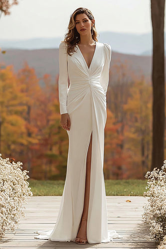 Elfenbein V Ausschnitt Langarm Rüschen Brautkleid mit Schlitz