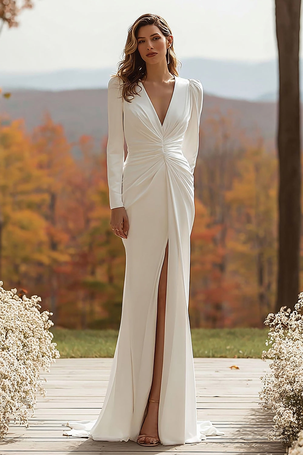 Elfenbein V Ausschnitt Langarm Rüschen Brautkleid mit Schlitz