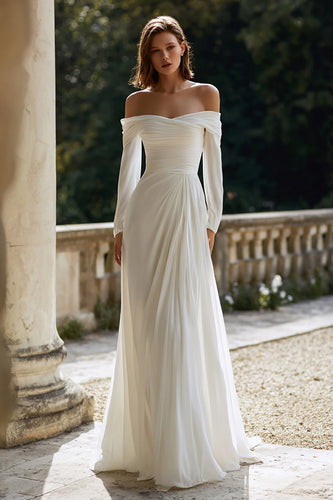 Elfenbein Schulterfreie Sheath Kurze Schleppe Brautkleid mit Ärmeln
