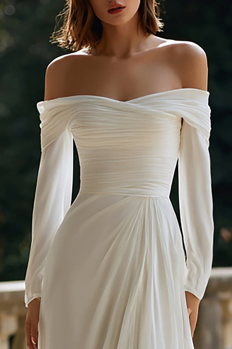 Laden Sie das Bild in den Galerie-Viewer, Elfenbein Schulterfreie Sheath Kurze Schleppe Brautkleid mit Ärmeln