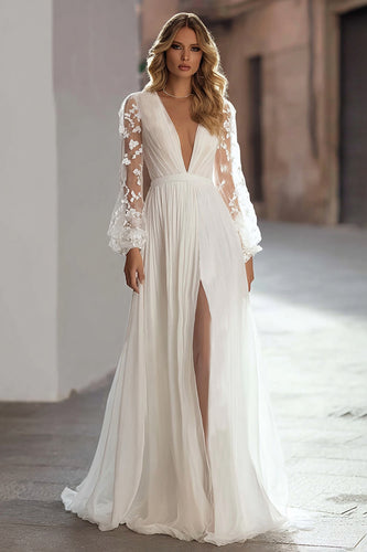Elfenbein A Line V Ausschnitt Kurze Schleppe Plissee Brautkleid mit Schlitz