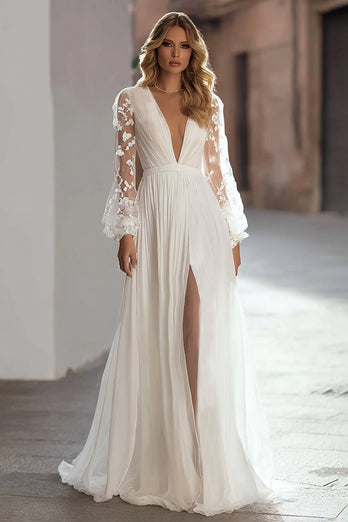 Elfenbein A Line V Ausschnitt Kurze Schleppe Plissee Brautkleid mit Schlitz