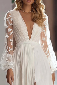 Elfenbein A Line V Ausschnitt Kurze Schleppe Plissee Brautkleid mit Schlitz