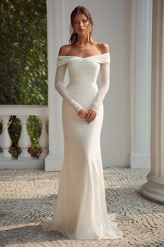 Elfenbein Kurze Schleppe Schulterfreie Langarm Brautkleid