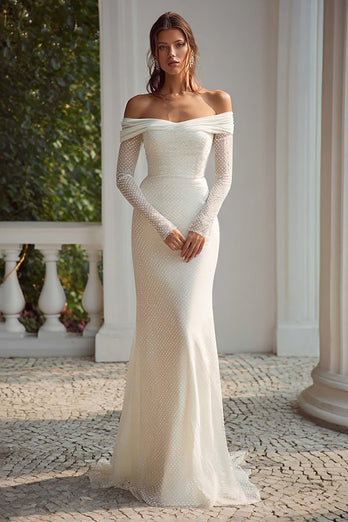 Elfenbein Kurze Schleppe Schulterfreie Langarm Brautkleid
