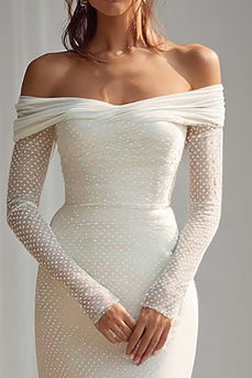 Elfenbein Kurze Schleppe Schulterfreie Langarm Brautkleid