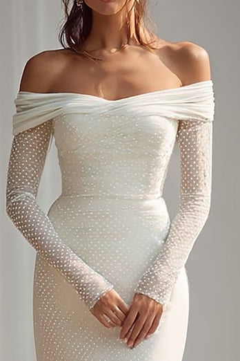 Elfenbein Kurze Schleppe Schulterfreie Langarm Brautkleid
