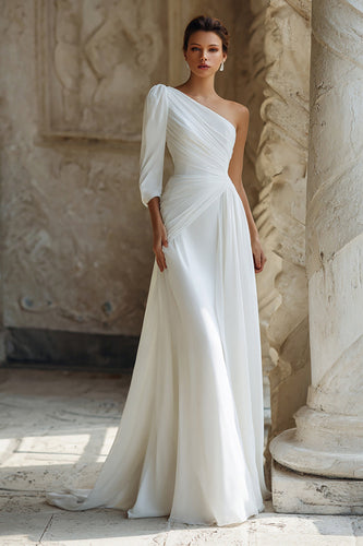Elfenbein Ein Schulter Kurze Schleppe Brautkleid mit Ärmeln