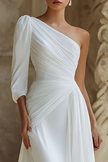 Elfenbein Ein Schulter Kurze Schleppe Brautkleid mit Ärmeln