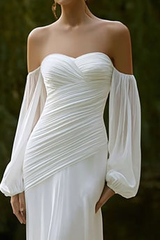 Elfenbein Chiffon Meerjungfrau Schulterfreie Kurze Schleppe Brautkleid mit Ärmeln