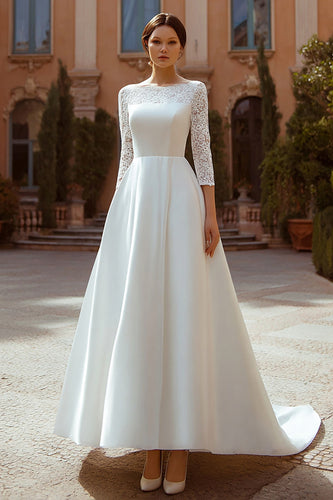 Elfenbein A Linie Bootneck Satin Kurze Schleppe Brautkleid mit Spitze