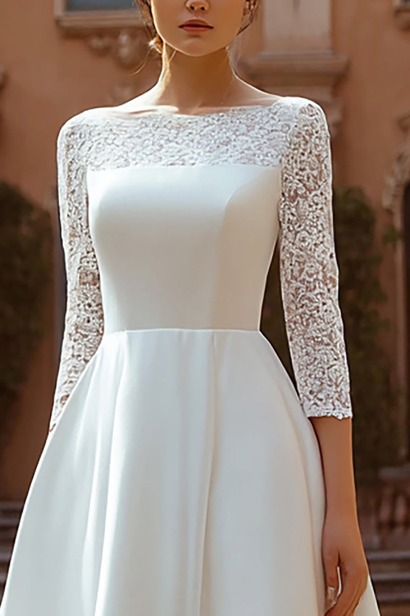 Laden Sie das Bild in den Galerie-Viewer, Elfenbein A Linie Bootneck Satin Kurze Schleppe Brautkleid mit Spitze