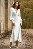 Laden Sie das Bild in den Galerie-Viewer, Elfenbein V Ausschnitt Sheath Satin Langes Brautkleid mit Ärmeln