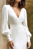 Laden Sie das Bild in den Galerie-Viewer, Elfenbein V Ausschnitt Sheath Satin Langes Brautkleid mit Ärmeln