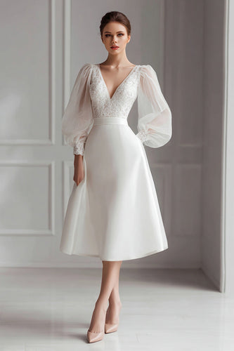 Elfenbein V Ausschnitt A Linie Kurzes Brautkleid mit Spitze