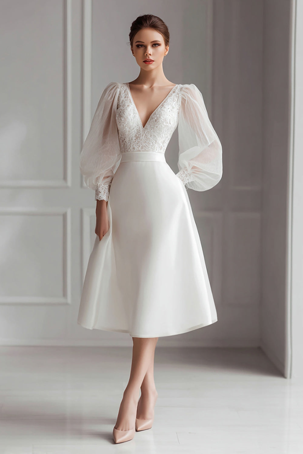 Elfenbein V Ausschnitt A Linie Kurzes Brautkleid mit Spitze