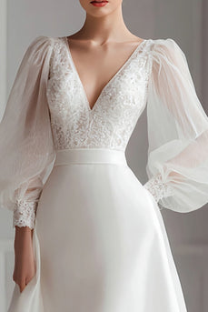 Elfenbein V Ausschnitt A Linie Kurzes Brautkleid mit Spitze
