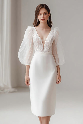 Elfenbein V Ausschnitt Bodycon Kurzes Brautkleid mit Spitze