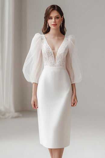 Elfenbein V Ausschnitt Bodycon Kurzes Brautkleid mit Spitze