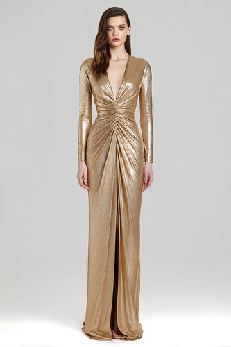 Glitter Gold Metallic V Ausschnitt Geraffte Etui Maxi Formelle Kleid mit Schlitz