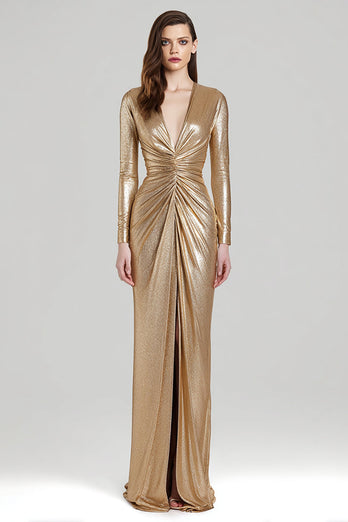 Glitter Gold Metallic V Ausschnitt Geraffte Etui Maxi Formelle Kleid mit Schlitz