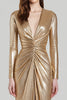 Laden Sie das Bild in den Galerie-Viewer, Glitter Gold Metallic V Ausschnitt Geraffte Etui Maxi Formelle Kleid mit Schlitz