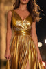 Laden Sie das Bild in den Galerie-Viewer, Glitter Gold Metallic Geraffte V Ausschnitt A Linie Maxi Formelle Kleid mit Schlitz