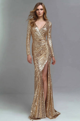 Glitter Gold Sequin V Ausschnitt Meerjungfrau Maxi Formelle Kleid mit Schlitz
