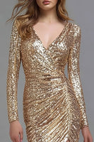 Laden Sie das Bild in den Galerie-Viewer, Glitter Gold Sequin V Ausschnitt Meerjungfrau Maxi Formelle Kleid mit Schlitz