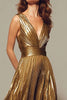 Laden Sie das Bild in den Galerie-Viewer, Glitter Gold Metallic Plissee V Ausschnitt A Linie Maxi Formelle Kleid