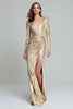 Laden Sie das Bild in den Galerie-Viewer, Glitter Gold Sequin V Ausschnitt Maxi Formelle Kleid mit Ärmel
