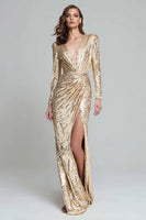 Laden Sie das Bild in den Galerie-Viewer, Glitter Gold Sequin V Ausschnitt Maxi Formelle Kleid mit Ärmel