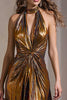 Laden Sie das Bild in den Galerie-Viewer, Glitter Schwarz Gold Neckholder Metallic Etui Maxi Formelle Kleid mit Schlitz