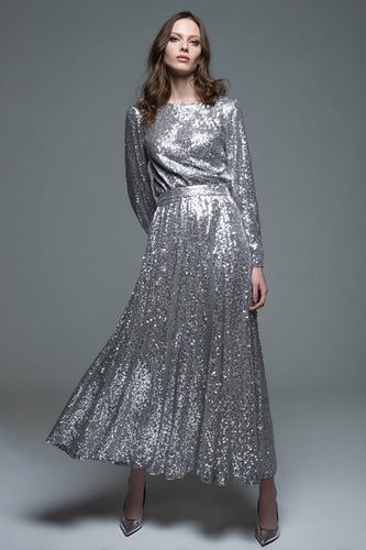 Glitter Silber Pailletten Maxi Formelle Kleid mit Ärmel