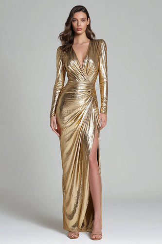 Glitter Gold Metallic V Ausschnitt Maxi Formelle Kleid mit Schlitz