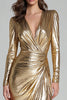 Laden Sie das Bild in den Galerie-Viewer, Glitter Gold Metallic V Ausschnitt Maxi Formelle Kleid mit Schlitz