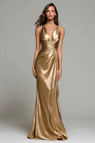 Glitter Gold Metallic Geraffte V Ausschnitt Meerjungfrau Maxi Formelle Kleid