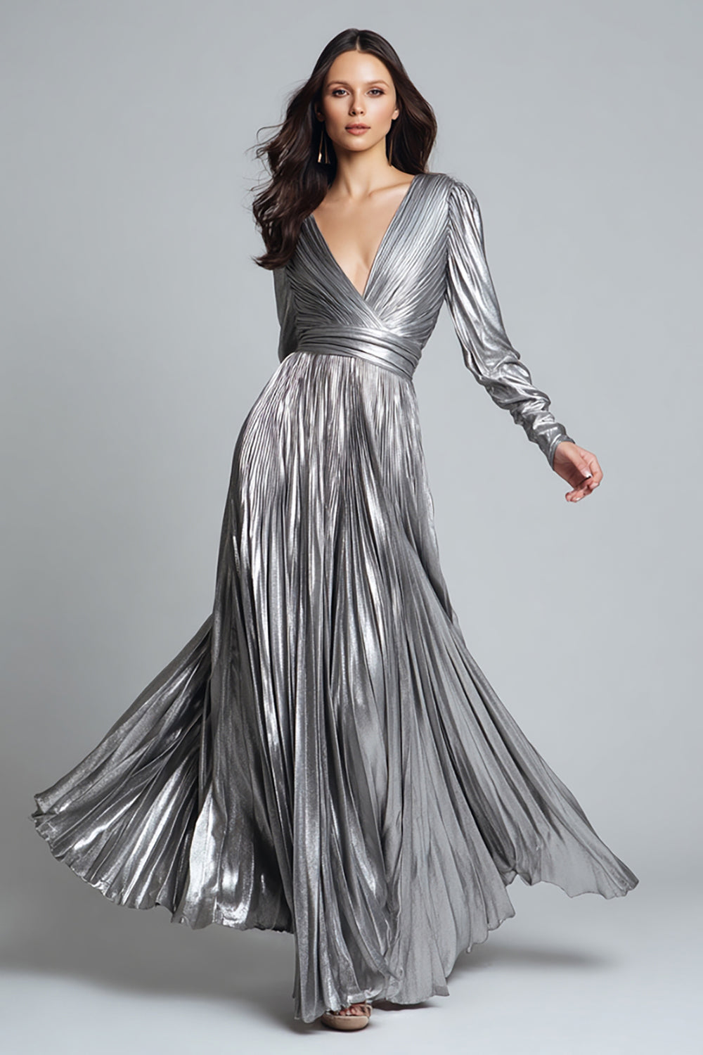 Glitter Silber Metallic Plissee A Linie Maxi Formelle Kleid mit Ärmel