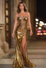 Laden Sie das Bild in den Galerie-Viewer, Glitter Gold Metallic Meerjungfrau Korsett Maxi Formelle Kleid mit Perlening