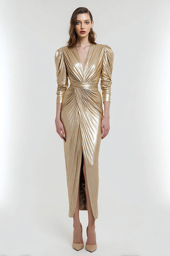 Gold V Ausschnitt Metallic Etui Maxi Formelle Kleid mit Ärmel