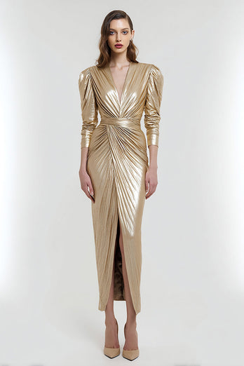 Gold V Ausschnitt Metallic Etui Maxi Formelle Kleid mit Ärmel