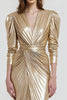 Laden Sie das Bild in den Galerie-Viewer, Gold V Ausschnitt Metallic Etui Maxi Formelle Kleid mit Ärmel