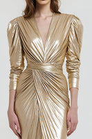 Laden Sie das Bild in den Galerie-Viewer, Gold V Ausschnitt Metallic Etui Maxi Formelle Kleid mit Ärmel
