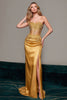 Laden Sie das Bild in den Galerie-Viewer, Gold Satin Schatz Meerjungfrau Maxi Korsett Formelle Kleid mit Applikationen