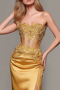 Gold Satin Schatz Meerjungfrau Maxi Korsett Formelle Kleid mit Applikationen